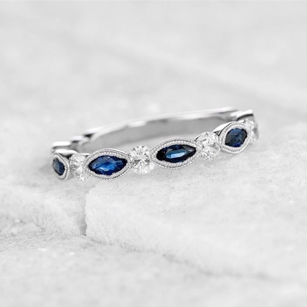 Shane Co Marquise Sapphire And Round Diamond 3/4 Eternity Band Size 6 - Picture 2 of 4
